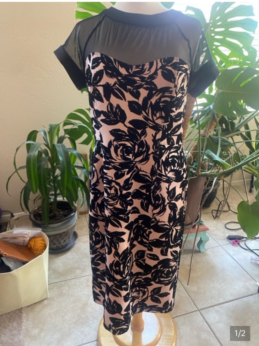 Enfocus Studio Blush Pink with Black Floral Strapless Midi Dress